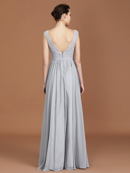 A-Line/Princess V-neck Sleeveless Floor-Length Chiffon Lace Bridesmaid Dress