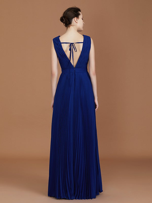 A-Line/Princess V-neck Sleeveless Pleated Floor-Length Chiffon Bridesmaid Dress