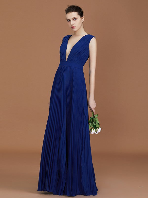 A-Line/Princess V-neck Sleeveless Pleated Floor-Length Chiffon Bridesmaid Dress