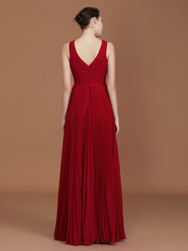 A-Line/Princess Sleeveless Ruched V-neck Floor-Length Chiffon Bridesmaid Dresses