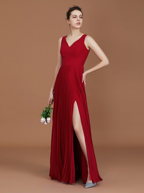 A-Line/Princess Sleeveless Ruched V-neck Floor-Length Chiffon Bridesmaid Dresses