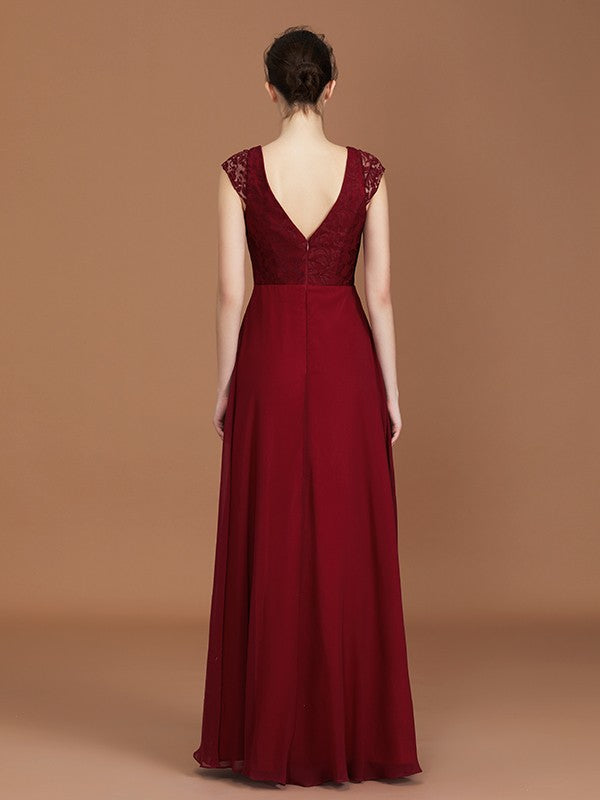 A-Line/Princess Lace Short Sleeves Chiffon Ruched V-neck Floor-Length Bridesmaid Dresses