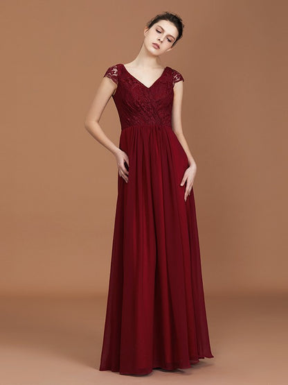 A-Line/Princess Lace Short Sleeves Chiffon Ruched V-neck Floor-Length Bridesmaid Dresses