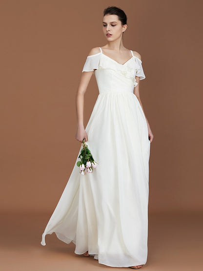 A-Line/Princess Short Sleeves Spaghetti Straps Ruched V-neck Floor-Length Chiffon Bridesmaid Dresses