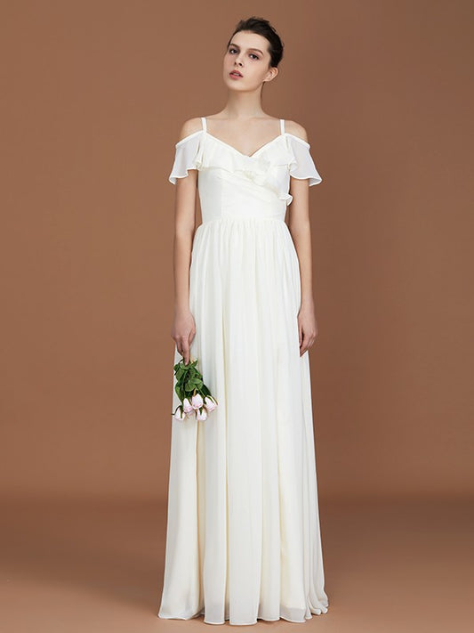 A-Line/Princess Short Sleeves Spaghetti Straps Ruched V-neck Floor-Length Chiffon Bridesmaid Dresses