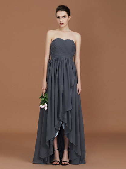 A-Line/Princess Asymmetrical Sleeveless Ruched Sweetheart Floor-Length Chiffon Bridesmaid Dresses