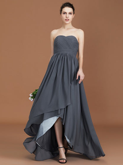 A-Line/Princess Asymmetrical Sleeveless Ruched Sweetheart Floor-Length Chiffon Bridesmaid Dresses