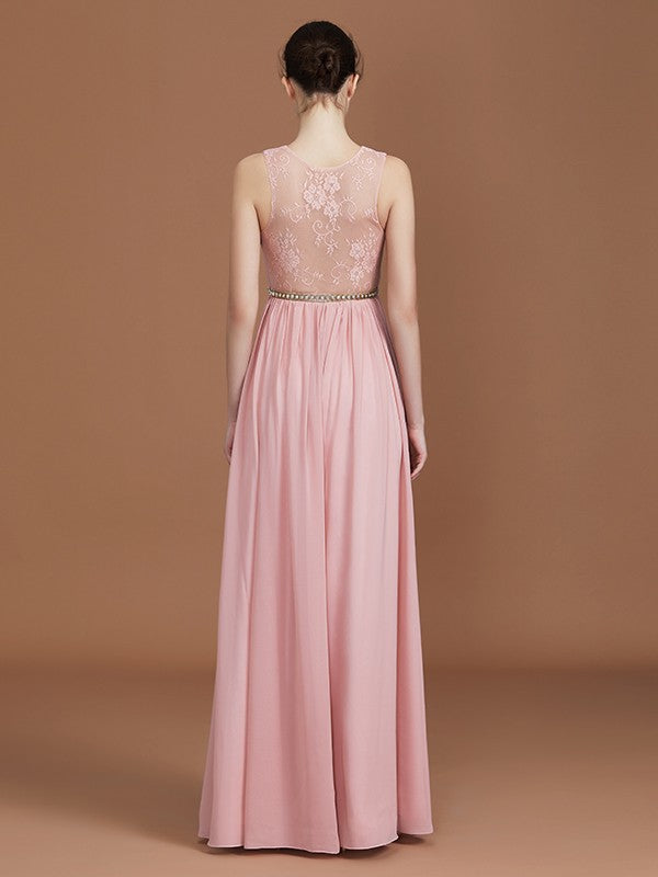 A-Line/Princess Lace Sleeveless Floor-Length Chiffon Ruched V-neck Bridesmaid Dresses