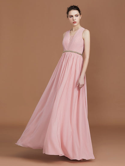 A-Line/Princess Lace Sleeveless Floor-Length Chiffon Ruched V-neck Bridesmaid Dresses