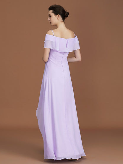 A-Line/Princess Asymmetrical Short Sleeves Off-the-Shoulder Ruched Chiffon Bridesmaid Dresses