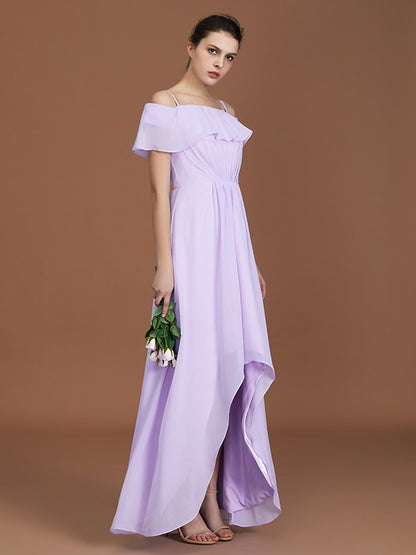 A-Line/Princess Asymmetrical Short Sleeves Off-the-Shoulder Ruched Chiffon Bridesmaid Dresses