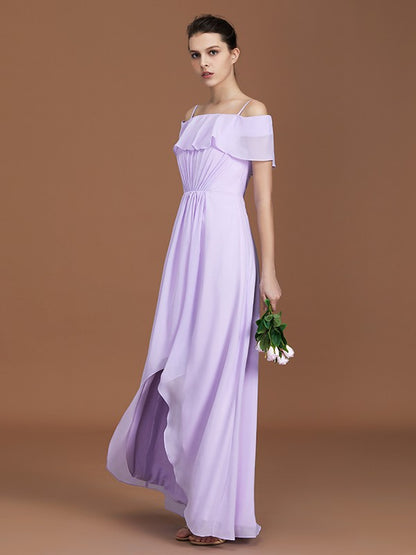 A-Line/Princess Asymmetrical Short Sleeves Off-the-Shoulder Ruched Chiffon Bridesmaid Dresses