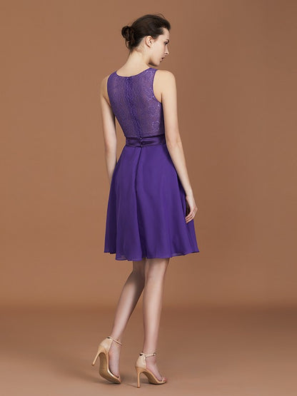 A-Line/Princess Lace Knee-Length Sleeveless Bateau Chiffon Bridesmaid Dresses