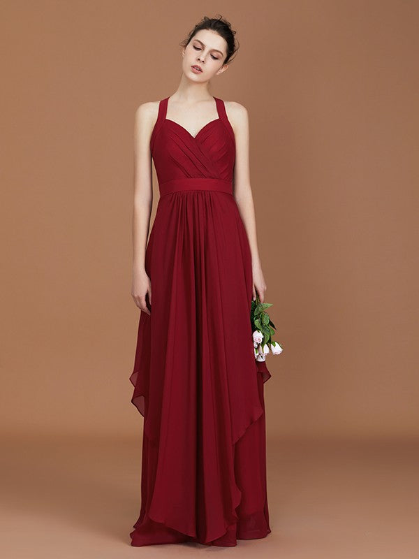 A-Line/Princess Straps Chiffon Ruched Floor-Length Sleeveless Bridesmaid Dresses