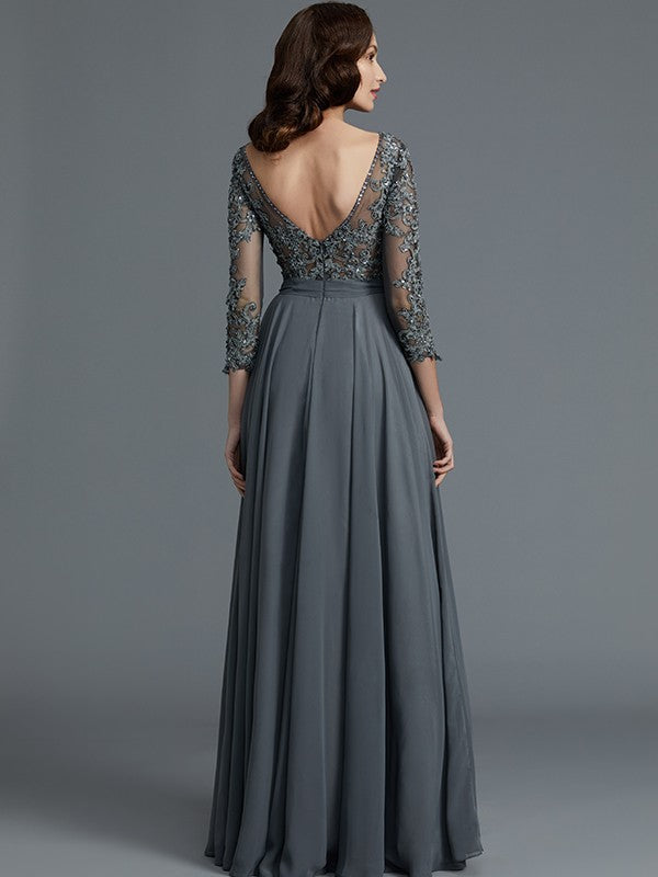 A-Line/Princess 3/4 Sleeves Bateau Floor-Length Chiffon Mother of the Bride Dresses