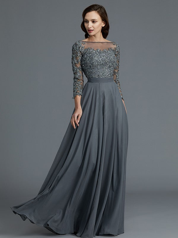 A-Line/Princess 3/4 Sleeves Bateau Floor-Length Chiffon Mother of the Bride Dresses