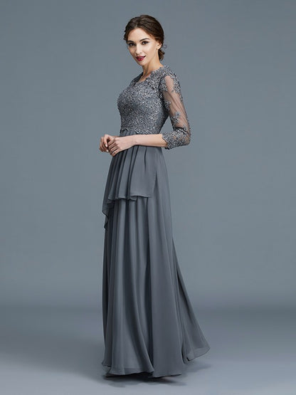 A-Line/Princess V-neck 3/4 Sleeves Ruffles Chiffon Floor-Length Mother of the Bride Dresses