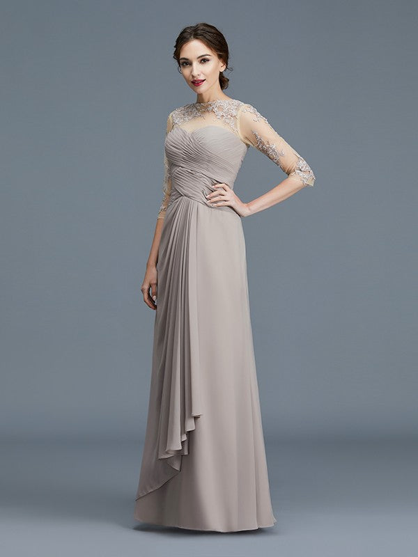 A-Line/Princess Sheer Neck 3/4 Sleeves Ruffles Chiffon Floor-Length Mother of the Bride Dresses