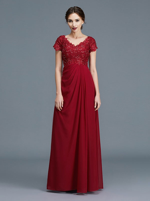 A-Line/Princess V-neck Short Sleeves Ruffles Chiffon Floor-Length Mother of the Bride Dresses