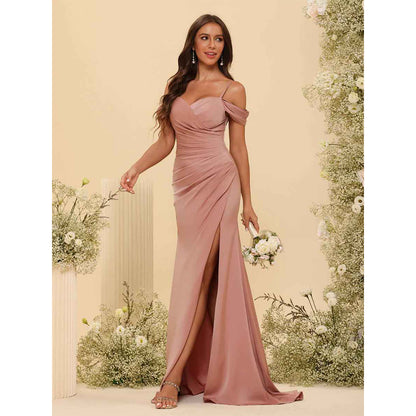 Sheath/Column Off-The-Shoulder Spaghetti Straps Long Formal Dresses With Split Side