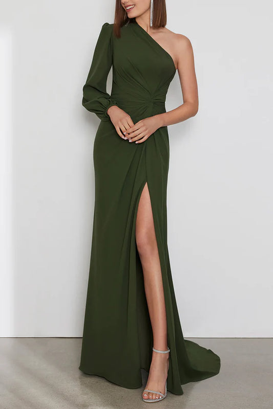 Sexy one shoulder long sleeved side slit for mother of the bride dress