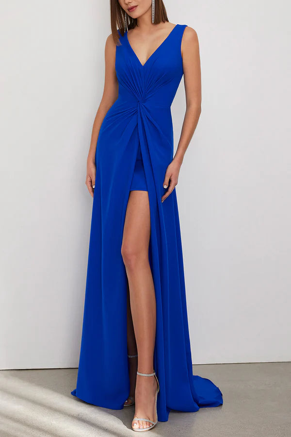 Simple and casual A-line V-neck sleeveless side slit for mother of the bride dress