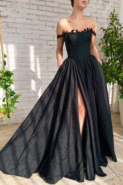 A Line Black Taffeta Split Long Prom Evening Dress With Pockets