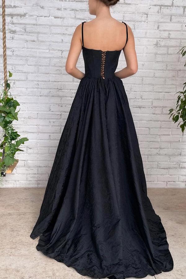 A Line Black Taffeta Split Long Prom Evening Dress With Pockets