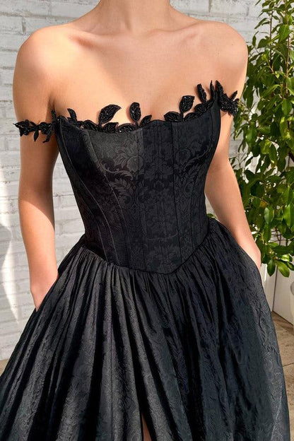 A Line Black Taffeta Split Long Prom Evening Dress With Pockets