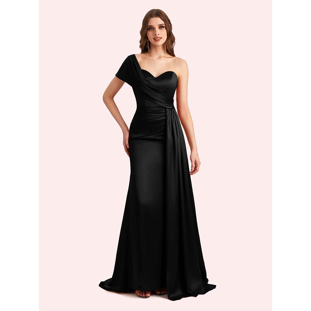 Sexy One Shoulder Sleeveless Mermaid Soft Satin Long Matron Of Honor Dress For Wedding