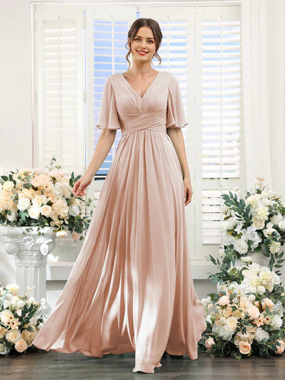 A-shaped V-shaped leader bridesmaid dress suitable for wedding guests long chiffon formal slit party dress