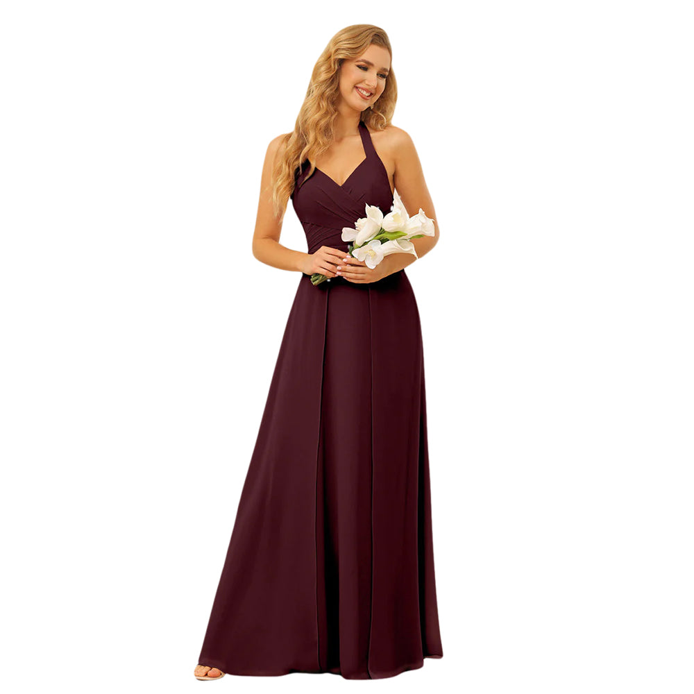 A-Line/Princess Halter Long Bridesmaid Dresses With Split Side