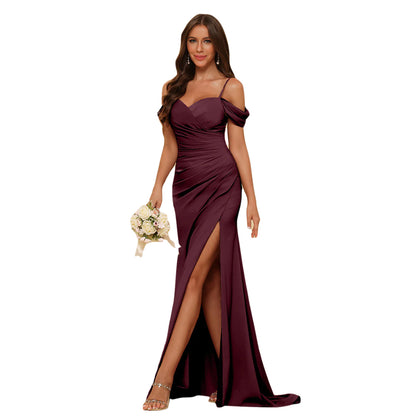 Sheath/Column Off-The-Shoulder Spaghetti Straps Long Formal Dresses With Split Side