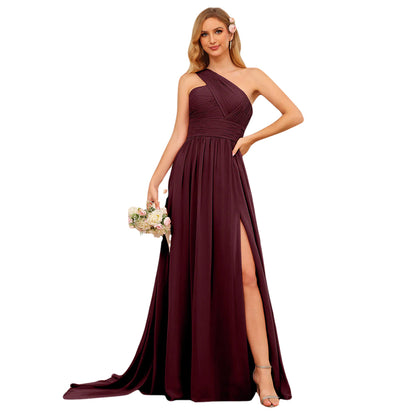 A-Line/Princess One-Shoulder Long Wedding Party Dresses With Watteau Train