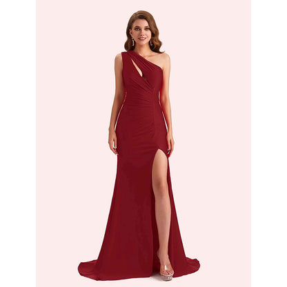 Sexy One Shoulder Side Slit Stretch Jersey Long Mermaid Bridesmaid Dresses Online