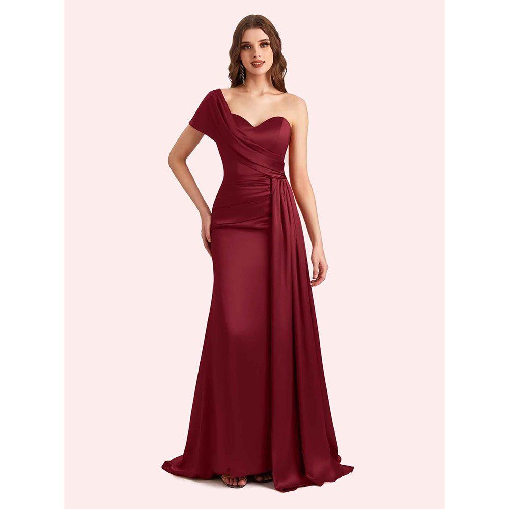 Sexy One Shoulder Sleeveless Mermaid Soft Satin Long Matron Of Honor Dress For Wedding