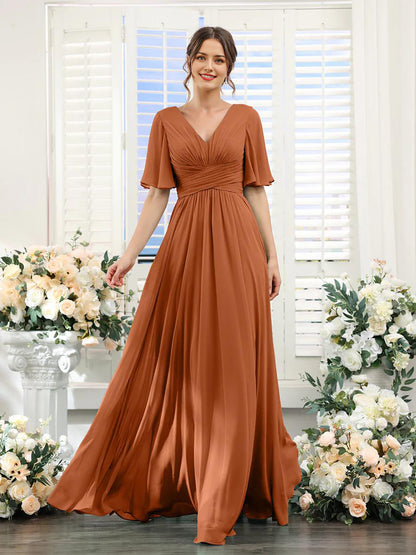 A-shaped V-shaped leader bridesmaid dress suitable for wedding guests long chiffon formal slit party dress