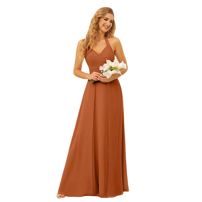 A-Line/Princess Halter Long Bridesmaid Dresses With Split Side