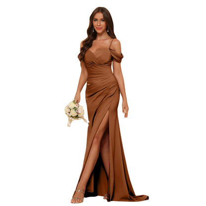 Sheath/Column Off-The-Shoulder Spaghetti Straps Long Formal Dresses With Split Side