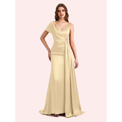 Sexy One Shoulder Sleeveless Mermaid Soft Satin Long Matron Of Honor Dress For Wedding