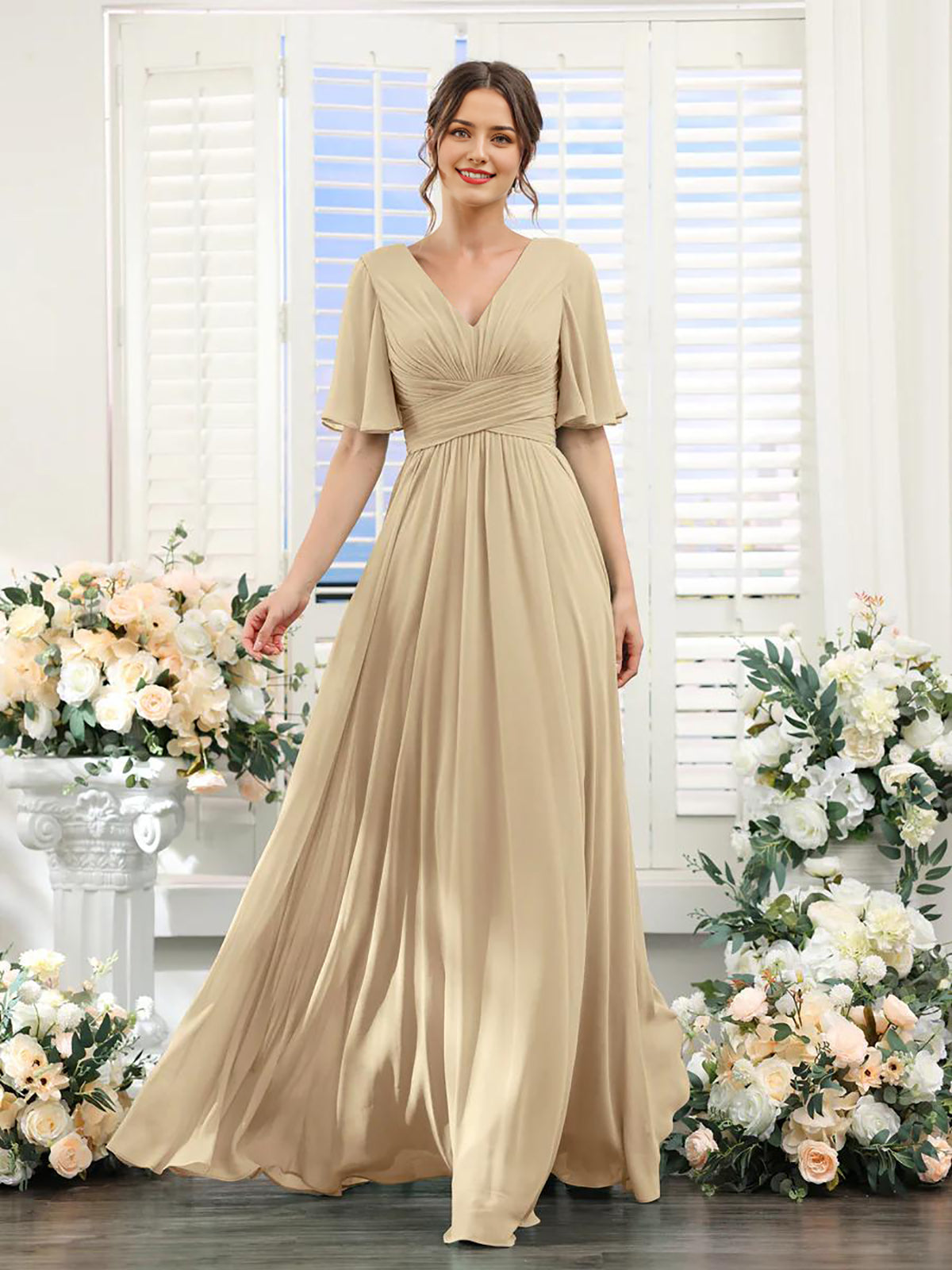 A-shaped V-shaped leader bridesmaid dress suitable for wedding guests long chiffon formal slit party dress