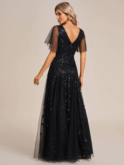 Shimmery V Neck Ruffle Sleeves Sequin Maxi Long Evening Dress