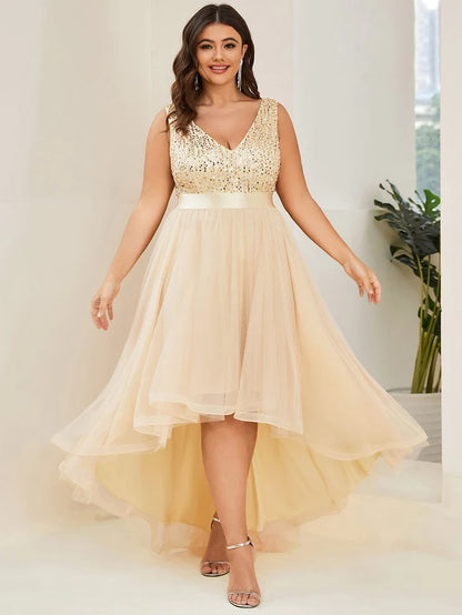 Plus Size Sleeveless Sequin Ribbon Waist Tulle High Low Evening Dress