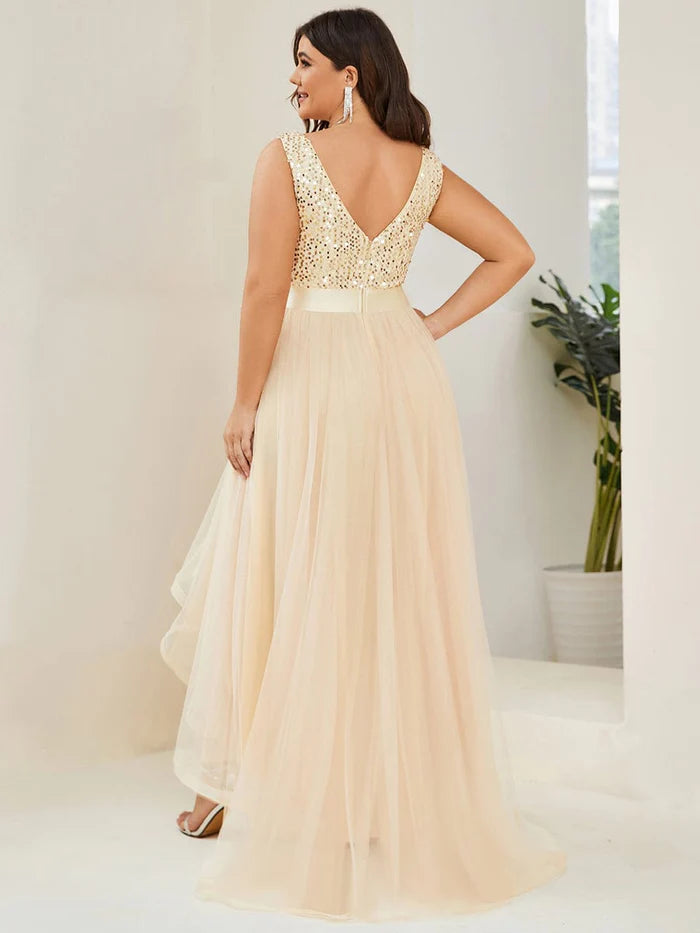 Plus Size Sleeveless Sequin Ribbon Waist Tulle High Low Evening Dress