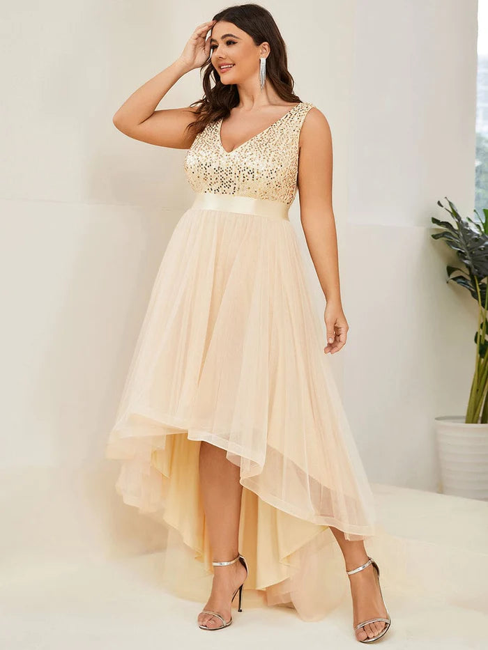 Plus Size Sleeveless Sequin Ribbon Waist Tulle High Low Evening Dress