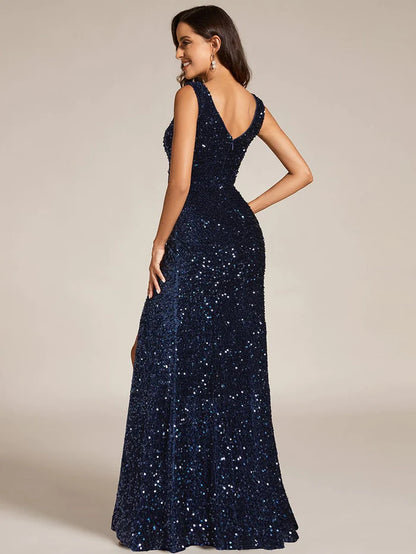 V-Neck Sleeveless High Front Slit Sequin Bodycon Evening Dress