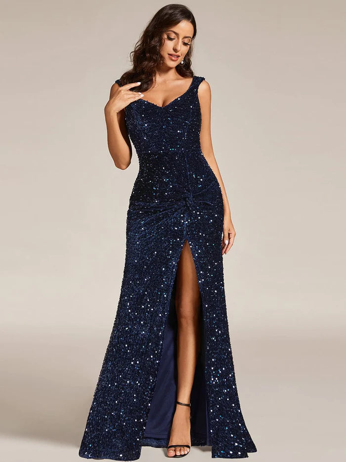 V-Neck Sleeveless High Front Slit Sequin Bodycon Evening Dress