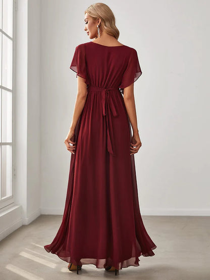 A-Line Pleated Chiffon Tie-Waist Evening Dress