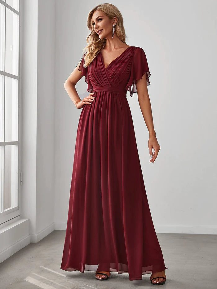 A-Line Pleated Chiffon Tie-Waist Evening Dress