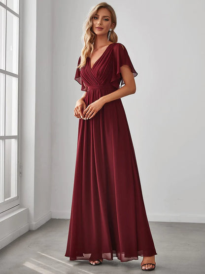 A-Line Pleated Chiffon Tie-Waist Evening Dress